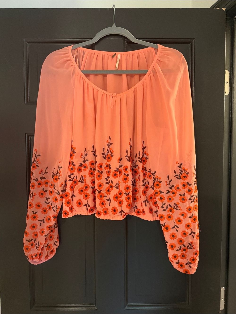 Free People Vintage Coral Floral Embroidered Peasant Blouse M